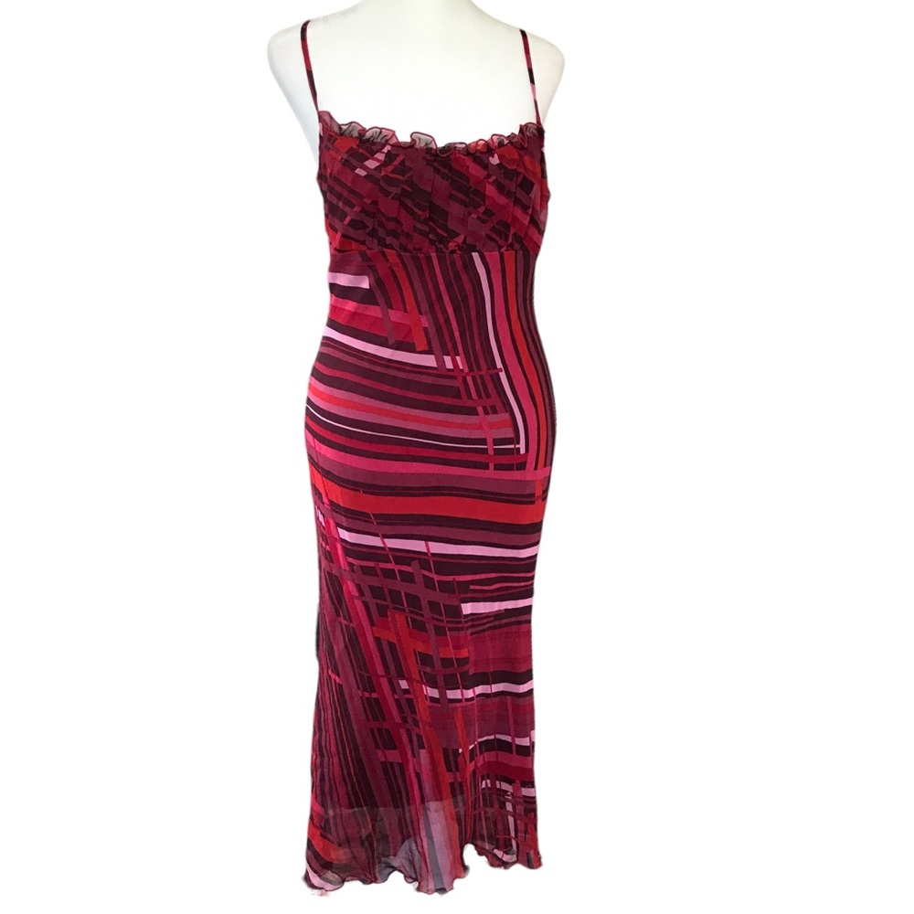 Y2K Jonathon Martin 10 Red Geometric Print Milkmaid Handkerchief Hem Midi Dress